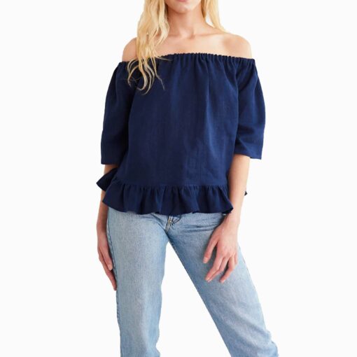 Dark Blue Off The Shoulder Linen Top Io26
