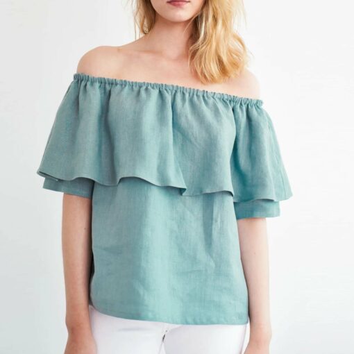 Off The Shoulder Ruffle Linen Top Io25
