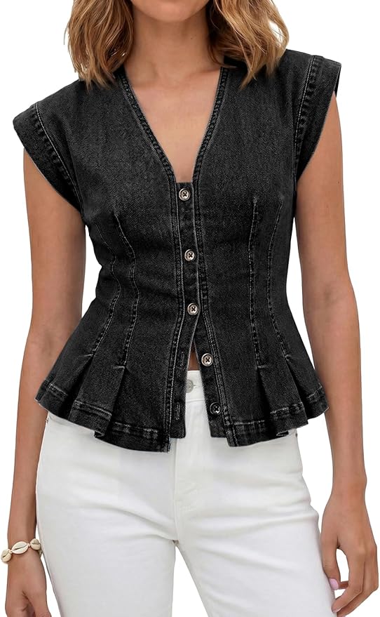 Black Button Down Y2k Jean Top IO98