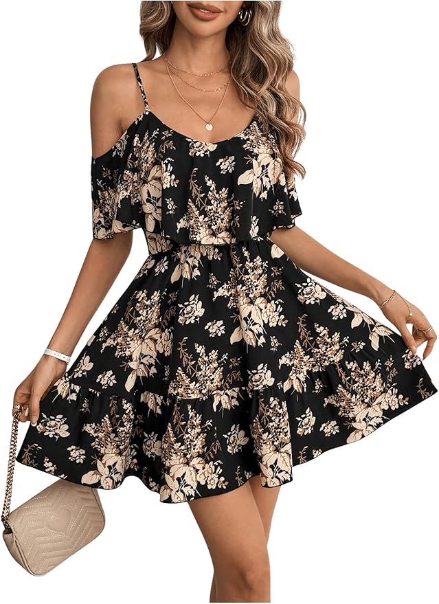Black Ruffle A Line Vacation Dress IO78