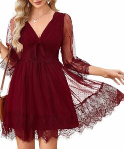 Burgundy Deep V Neck Somcked Back Dress IO56