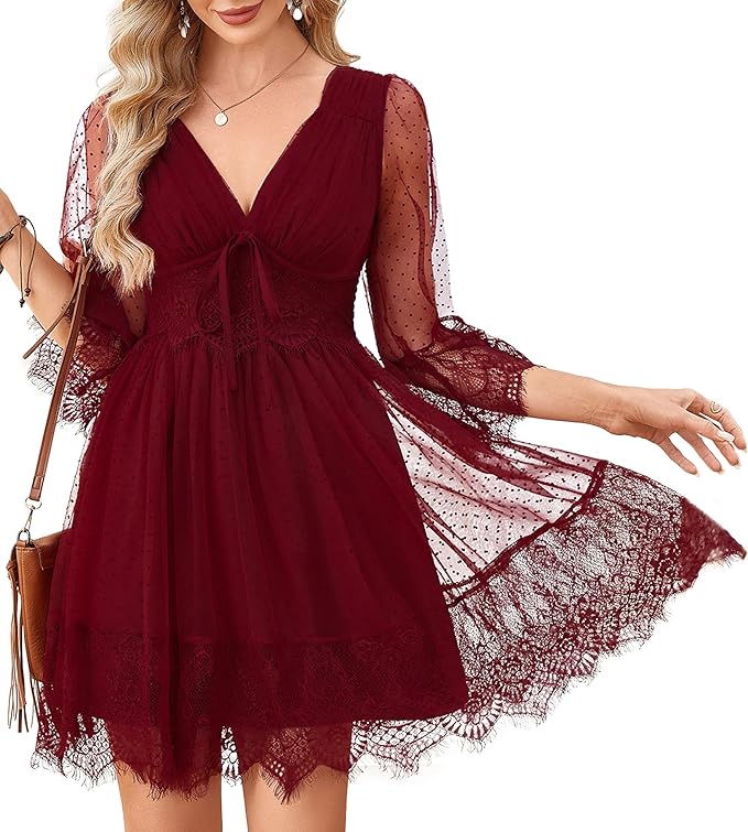 Burgundy Deep V Neck Somcked Back Dress IO56