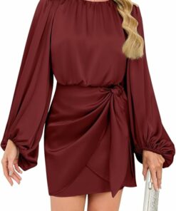 Crew Neck Tie Waist Satin Dress IO61