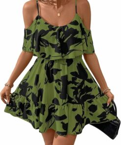 Green Floral Printed Mini Dress IO76