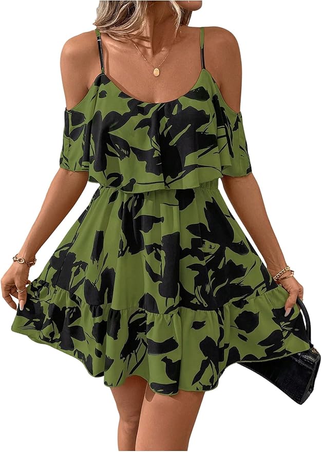 Green Floral Printed Mini Dress IO76