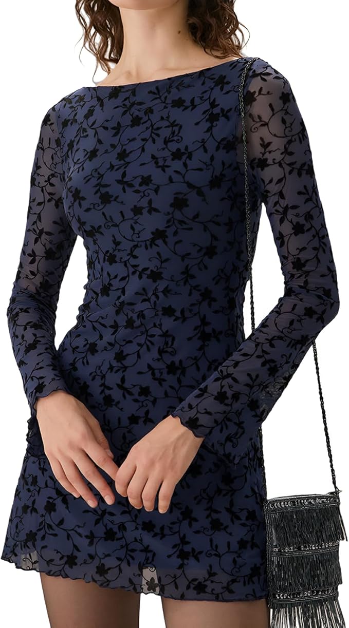 Navy Floral Mesh Mini Dress IO72