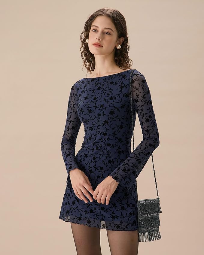 Navy Floral Mesh Mini Dress IO72 - Image 2