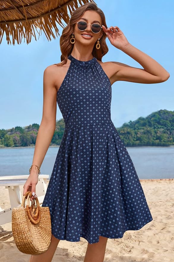 Navy Plaid Print Halter Neck Dress IO80 - Image 2