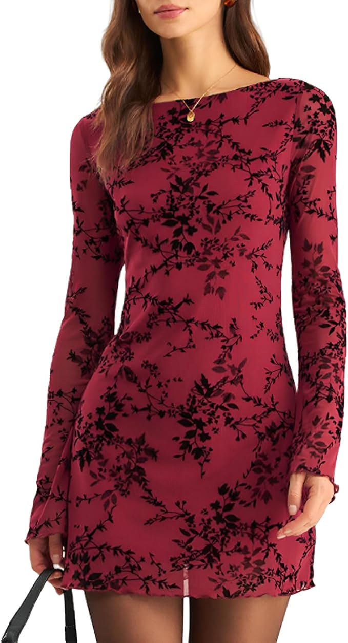 Red Floral Mesh Mini Dress IO70