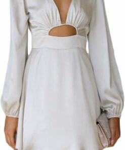 White Silk Lantern Sleeve Dress IO66