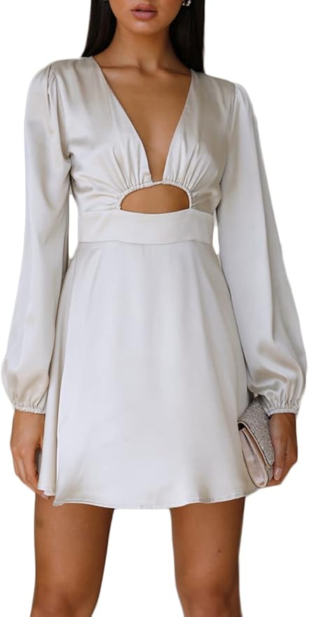 White Silk Lantern Sleeve Dress IO66