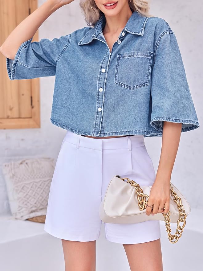 Womens Crop Denim Shirt IO96 - Image 2